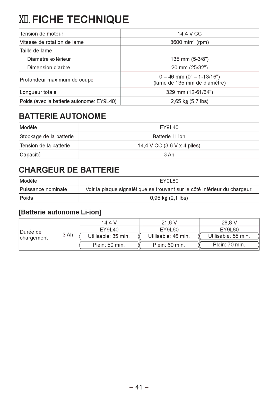 Panasonic EY4542 operating instructions XII.FICHE Technique, Batterie autonome Li-ion 