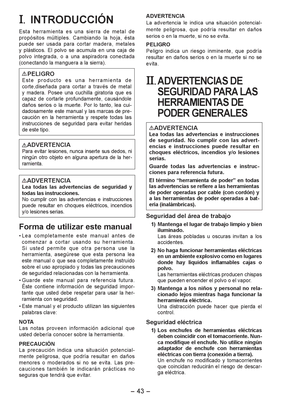 Panasonic EY4542 Introducción, II. Advertencias DE, Forma de utilizar este manual, Seguridad del área de trabajo 