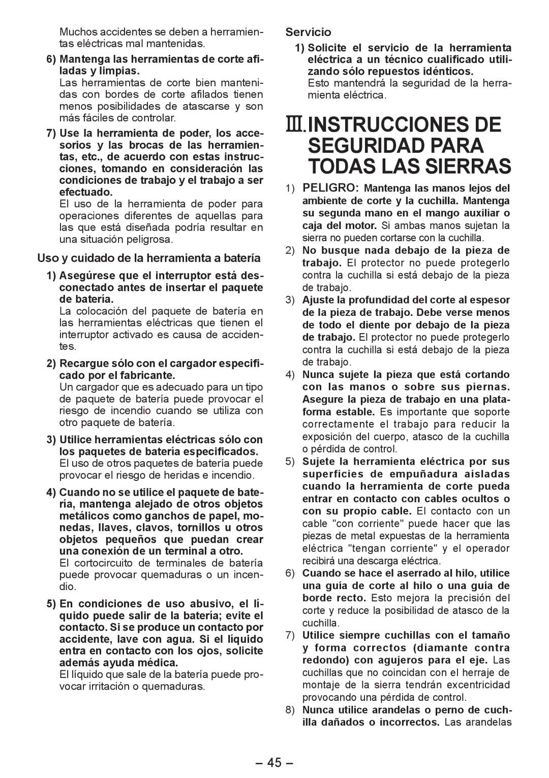 Panasonic EY4542 operating instructions Iii.Instrucciones De, Uso y cuidado de la herramienta a batería, Servicio 