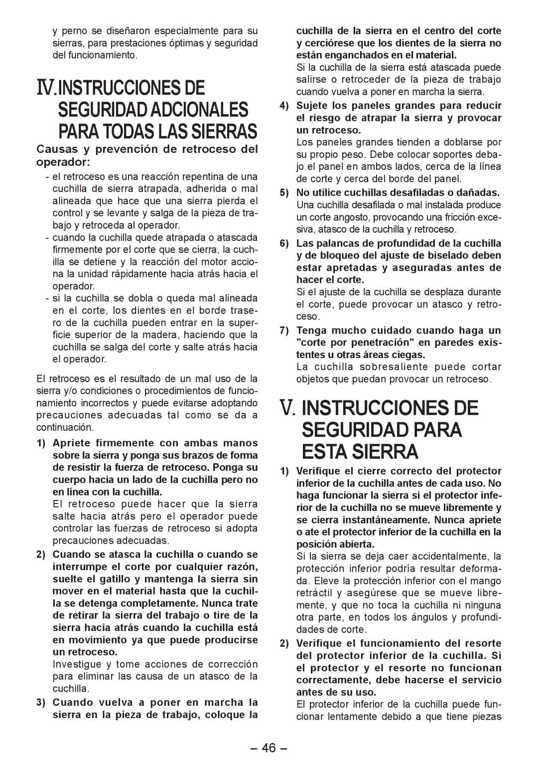 Panasonic EY4542 Iv.Instrucciones De, Instrucciones DE, Causas y prevención de retroceso del operador 