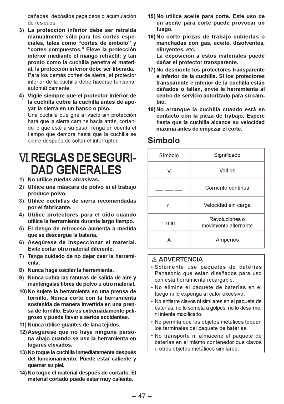 Panasonic EY4542 Vi.Reglas De Seguri­, Símbolo, Dañadas, depósitos pegajosos o acumulación de residuos 