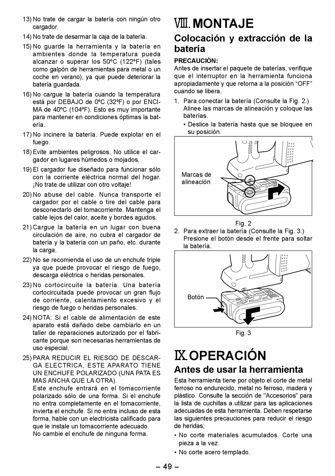 Panasonic EY4542 VIII. Montaje, Ix.Operación, Colocación y extracción de la batería, Antes de usar la herramienta 