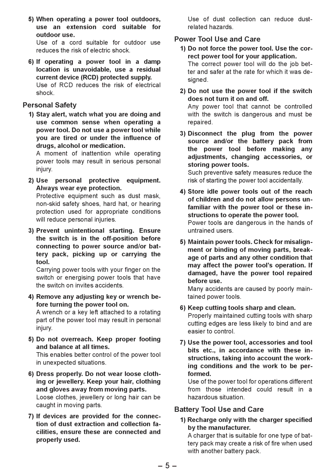 Panasonic EY4542 operating instructions Personal Safety, Power Tool Use and Care, Battery Tool Use and Care 