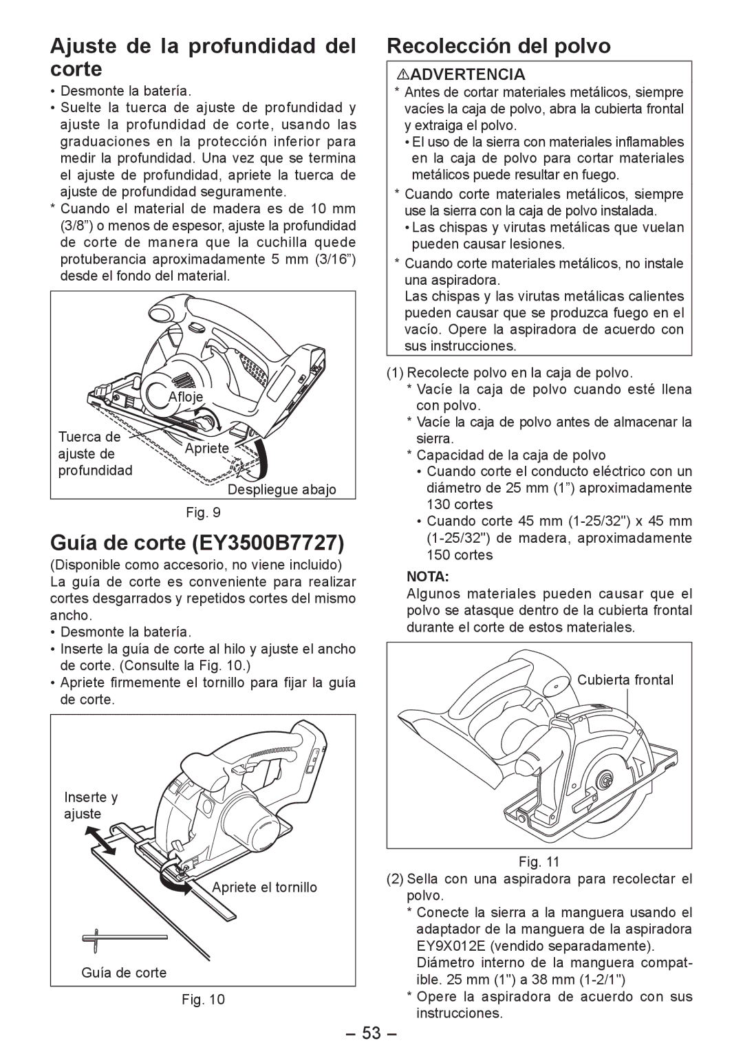 Panasonic EY4542 Ajuste de la profundidad del corte, Guía de corte EY3500B7727, Recolección del polvo 