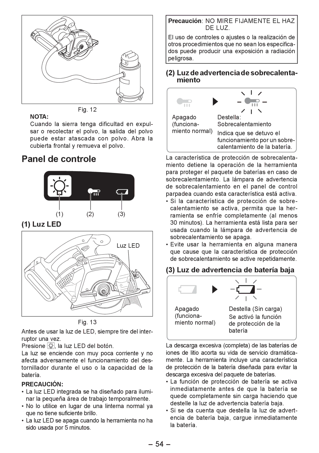 Panasonic EY4542 operating instructions Panel de controle, Luz LED, Luz de advertencia de sobrecalenta­ miento 