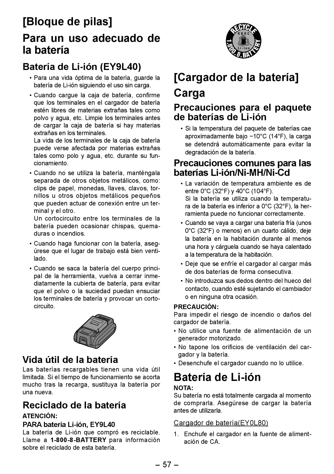 Panasonic EY4542 operating instructions Batería de Li-ión EY9L40, Vida útil de la batería, Reciclado de la batería 