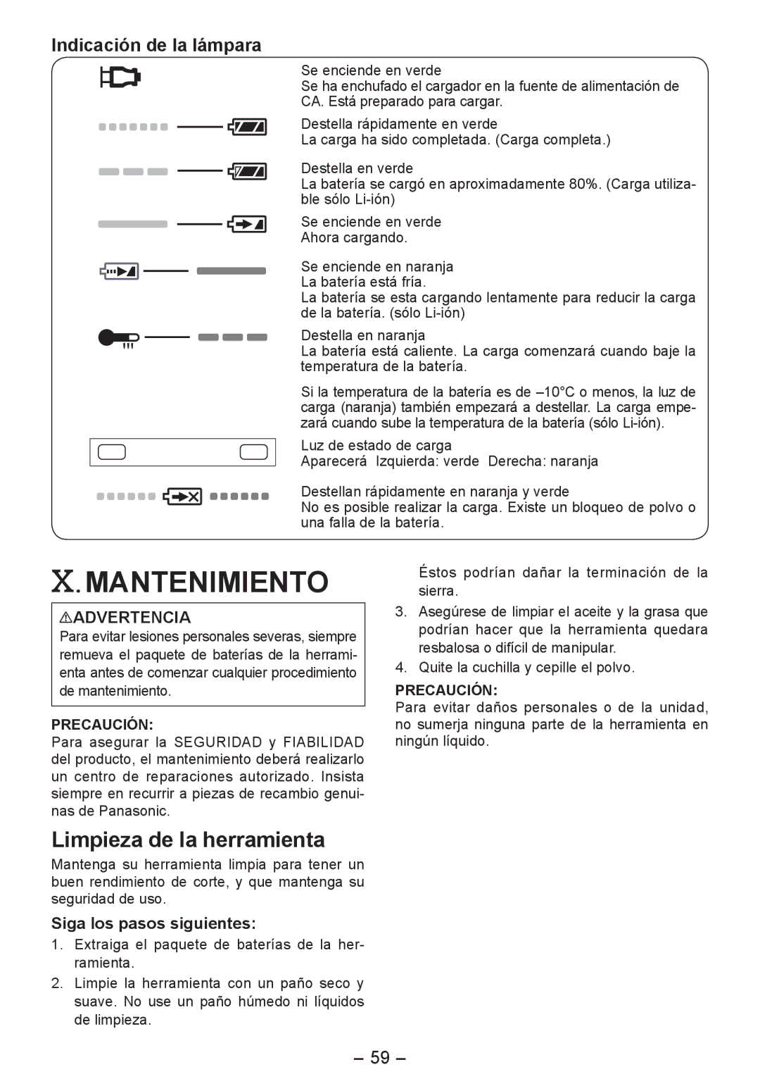 Panasonic EY4542 operating instructions Mantenimiento, Limpieza de la herramienta, Indicación de la lámpara 