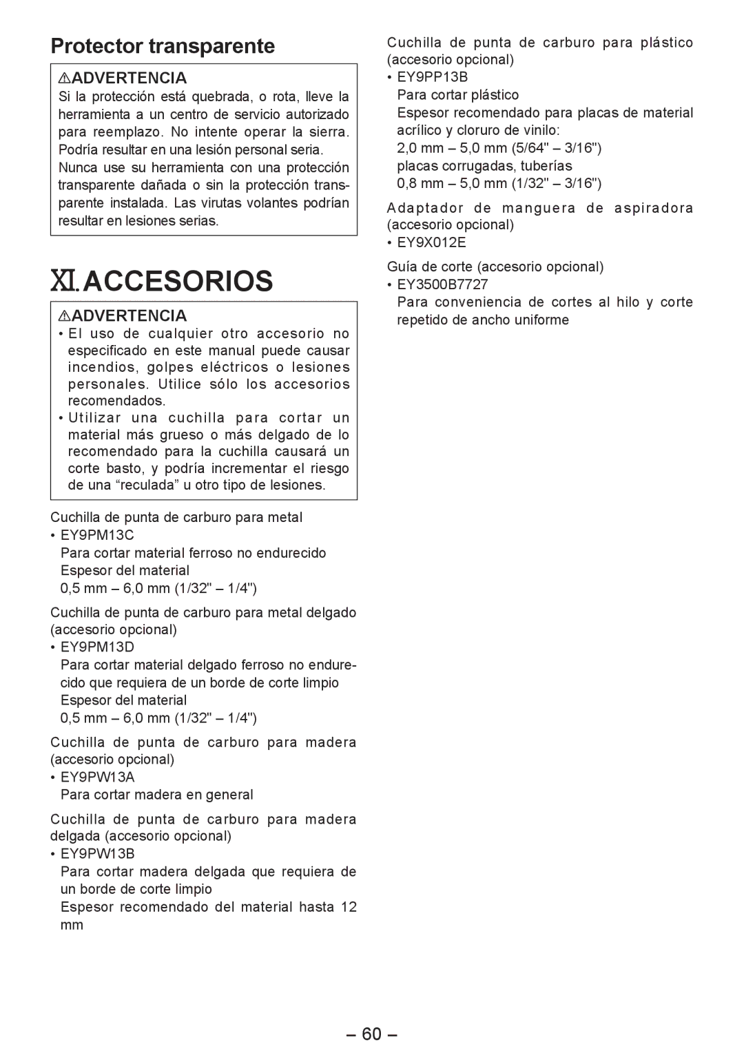 Panasonic EY4542 operating instructions Xi.Accesorios, Protector transparente 