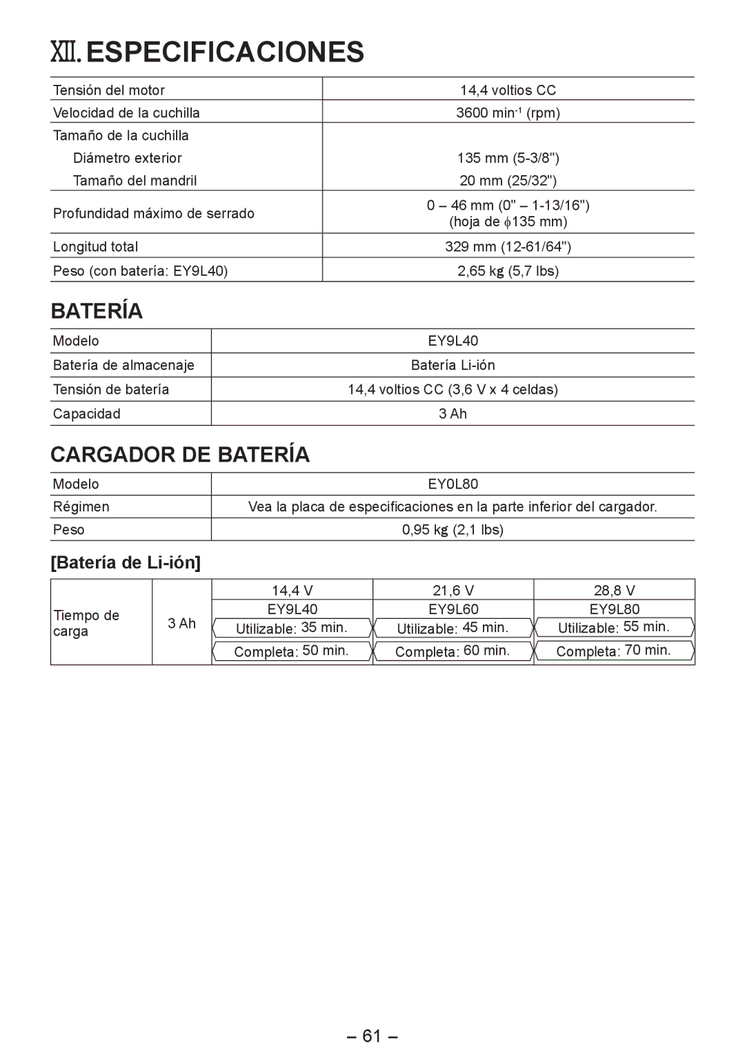 Panasonic EY4542 operating instructions Xii.Especificaciones, Batería de Li-ión 