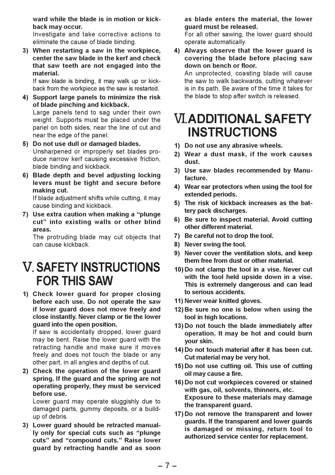 Panasonic EY4542 For this SAW, VI.ADDITIONAL Safety Instructions, Protruding blade may cut objects that can cause kickback 