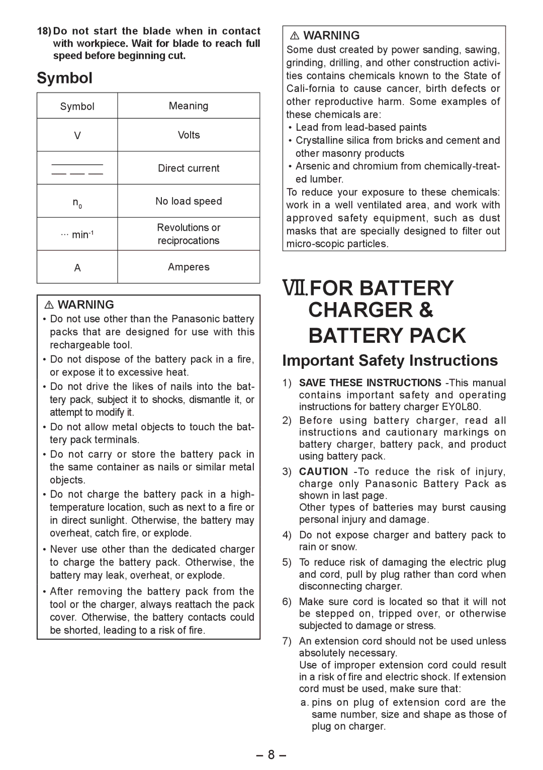 Panasonic EY4542 VII.FOR Battery Charger & Battery Pack, Important Safety Instructions, Symbol Meaning, No load speed 