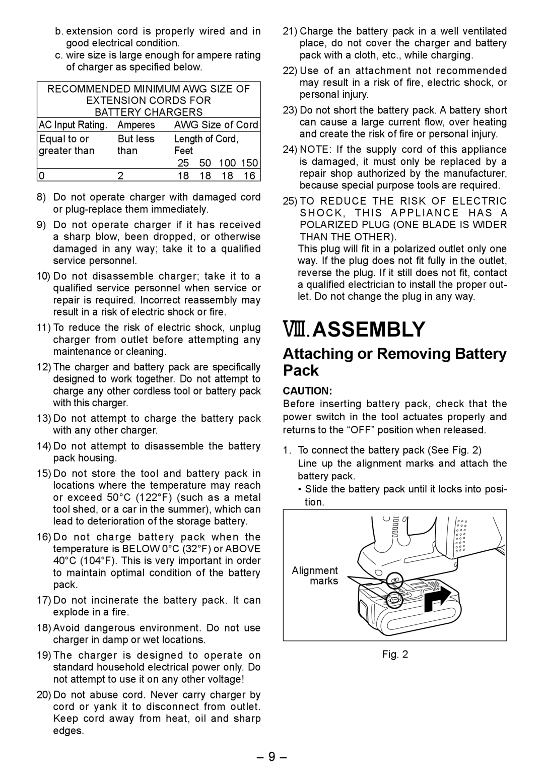 Panasonic EY4542 Viii.Assembly, Attaching or Removing Battery Pack, Amperes AWG Size of Cord Equal to or But less 