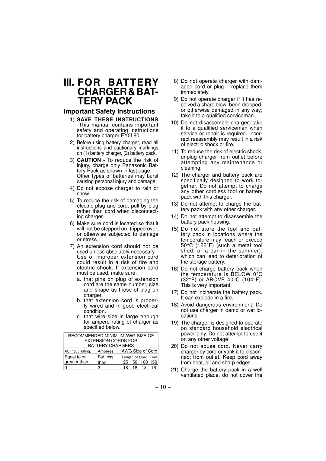 Panasonic EY4640 operating instructions Tery Pack, Important Safety Instructions 