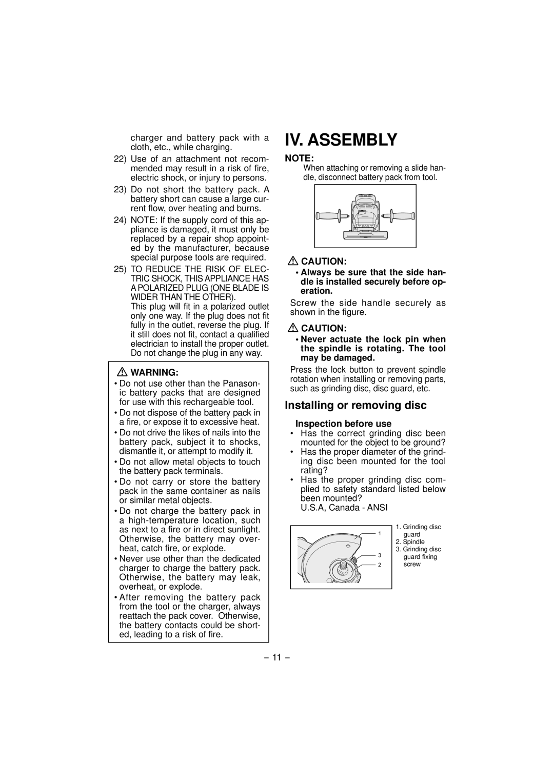 Panasonic EY4640 operating instructions IV. Assembly, Installing or removing disc, Inspection before use 