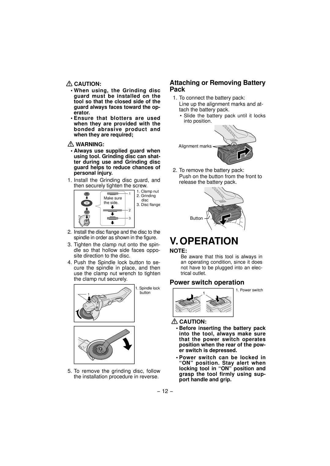 Panasonic EY4640 operating instructions Operation, Attaching or Removing Battery Pack, Power switch operation 