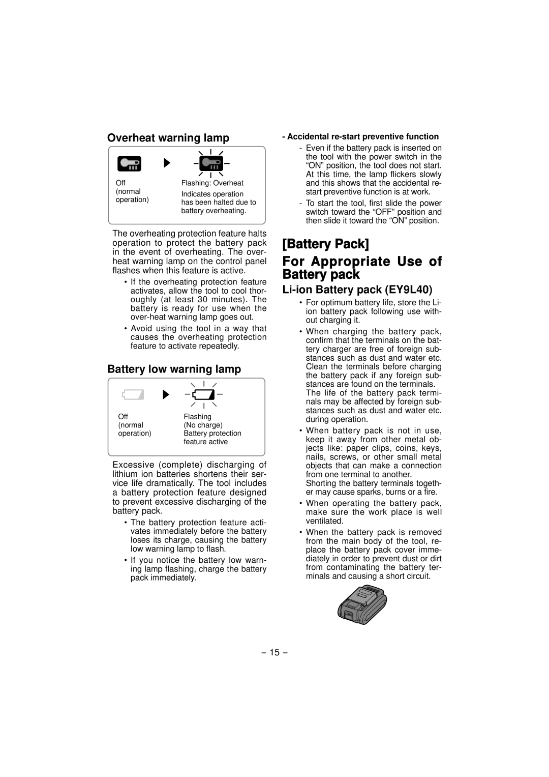 Panasonic EY4640 Battery Pack For Appropriate Use of Battery pack, Overheat warning lamp, Battery low warning lamp 