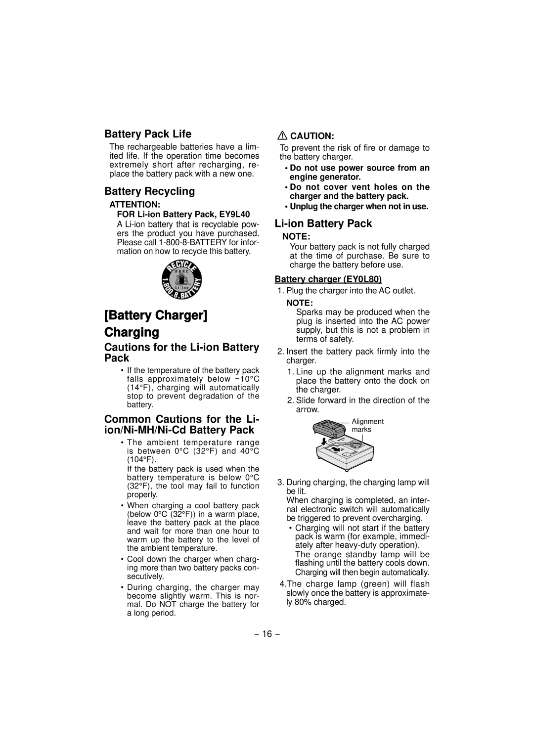 Panasonic EY4640 operating instructions Battery Charger Charging, Battery Pack Life, Battery Recycling, Li-ion Battery Pack 