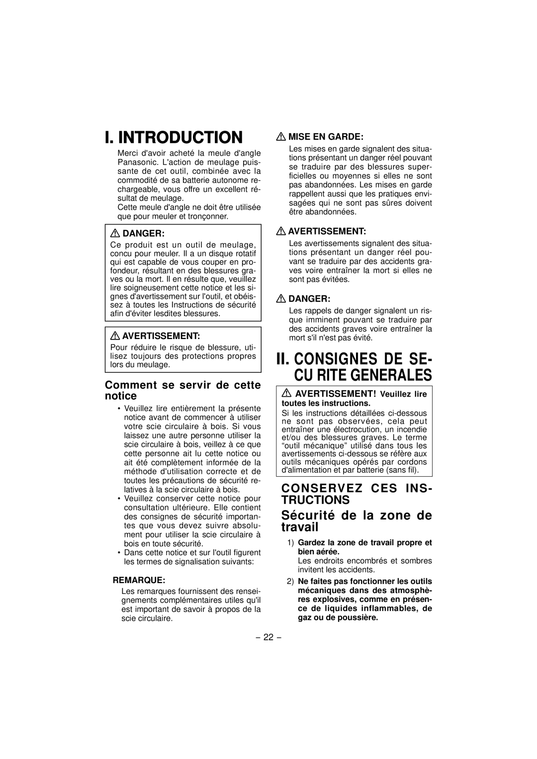 Panasonic EY4640 Sécurité de la zone de travail, Comment se servir de cette notice, AVERTISSEMENT! Veuillez lire 