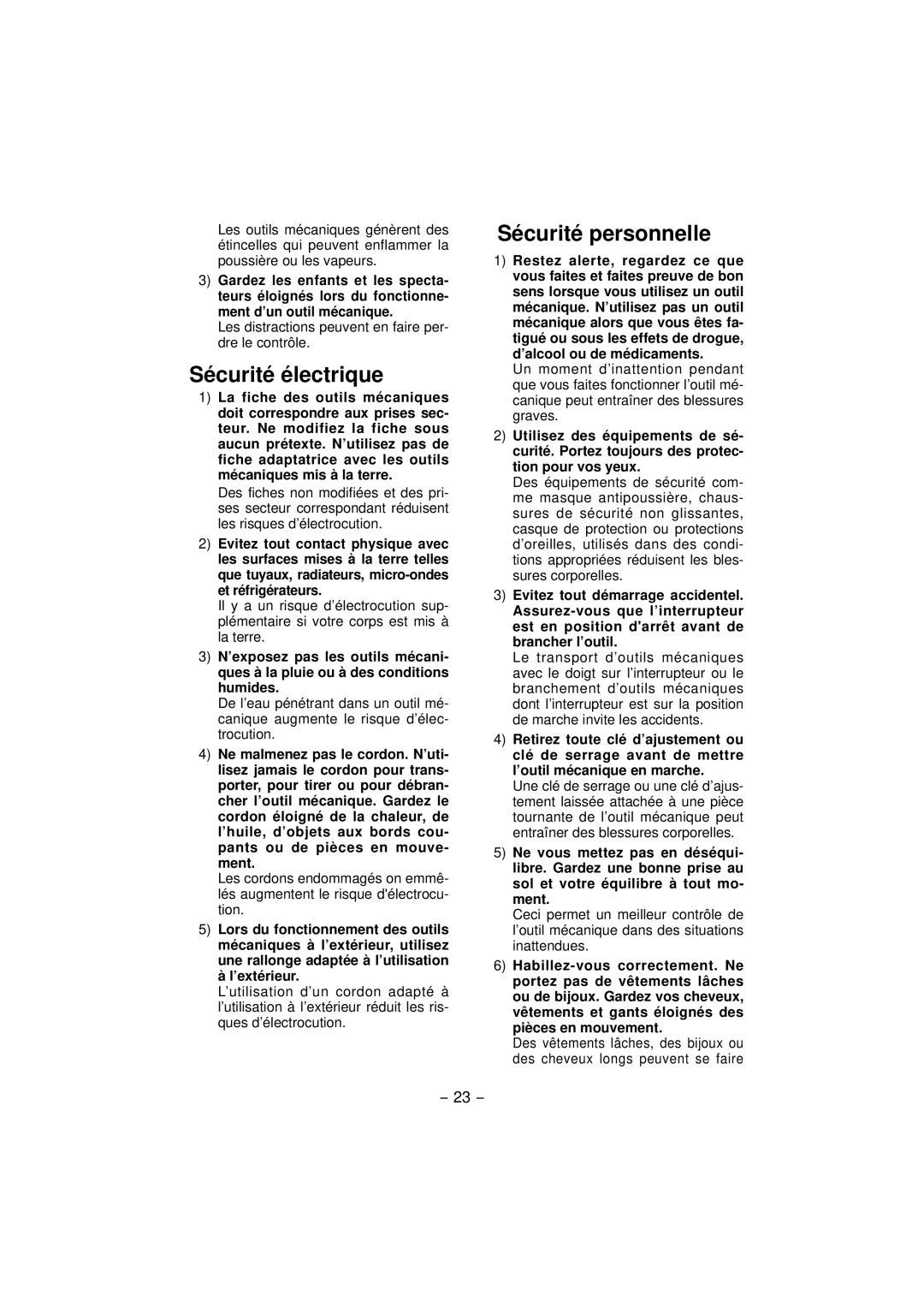 Panasonic EY4640 operating instructions Sécurité électrique, Sécurité personnelle 