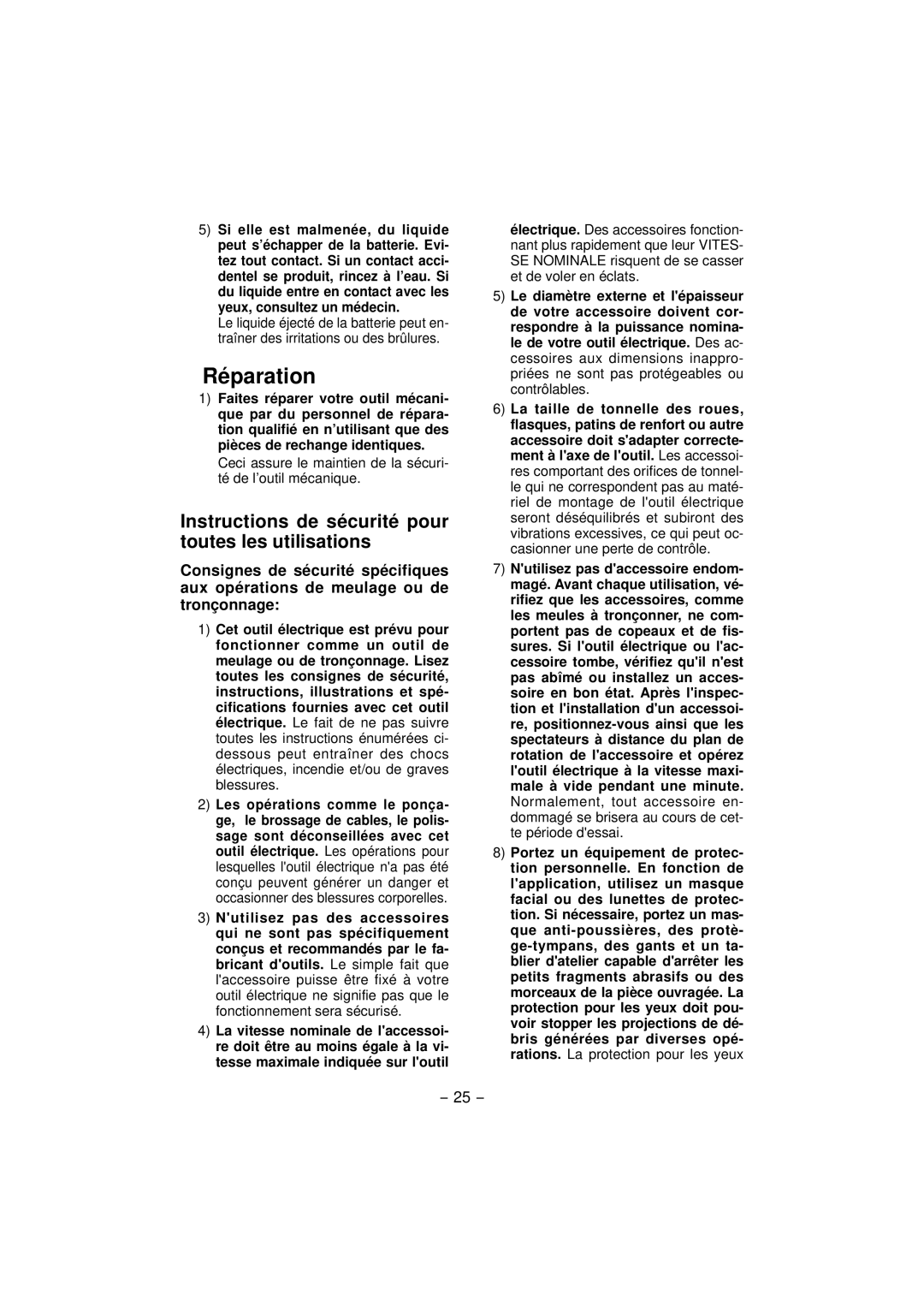 Panasonic EY4640 operating instructions Réparation, Instructions de sécurité pour toutes les utilisations 