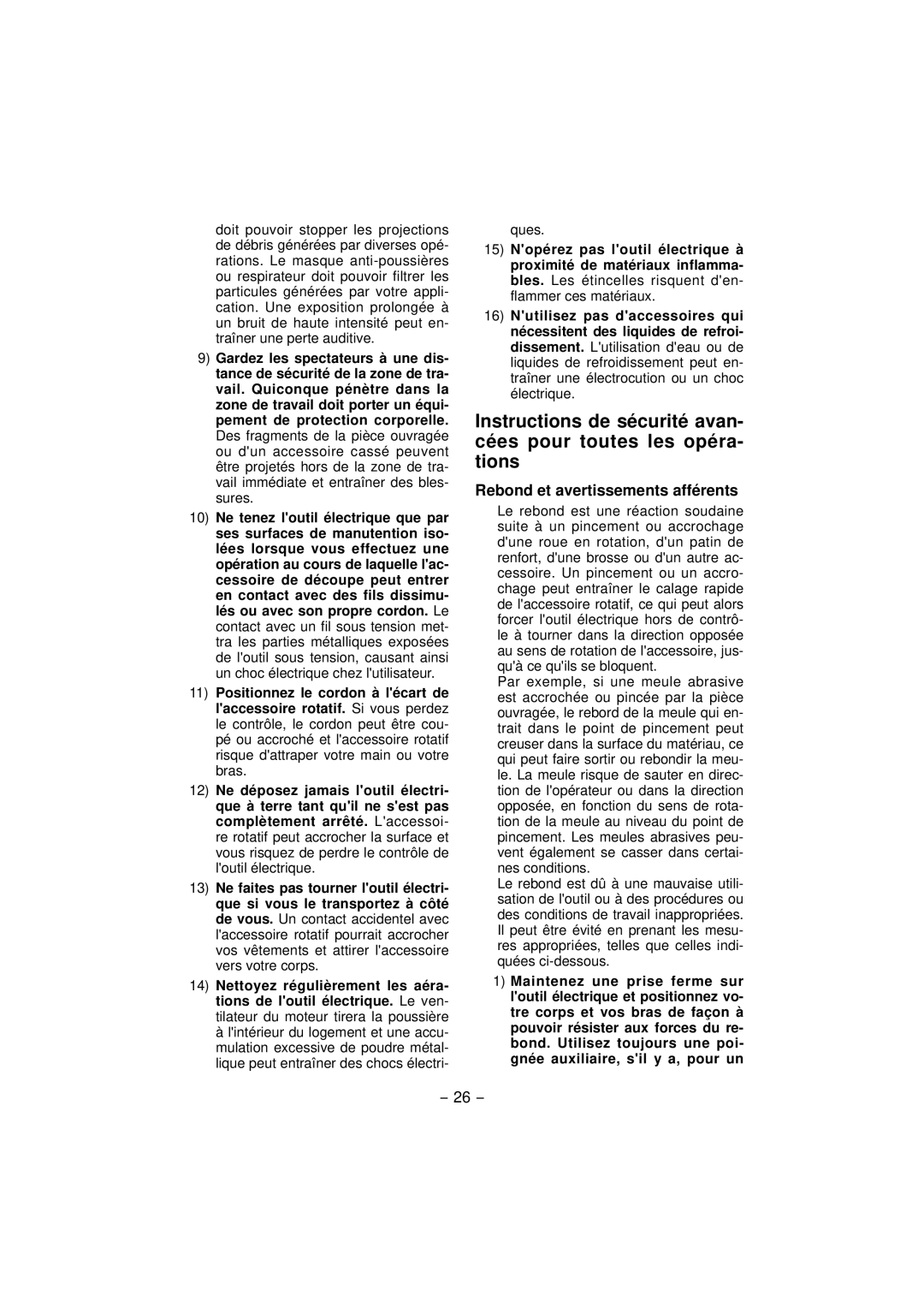 Panasonic EY4640 operating instructions Rebond et avertissements afférents 