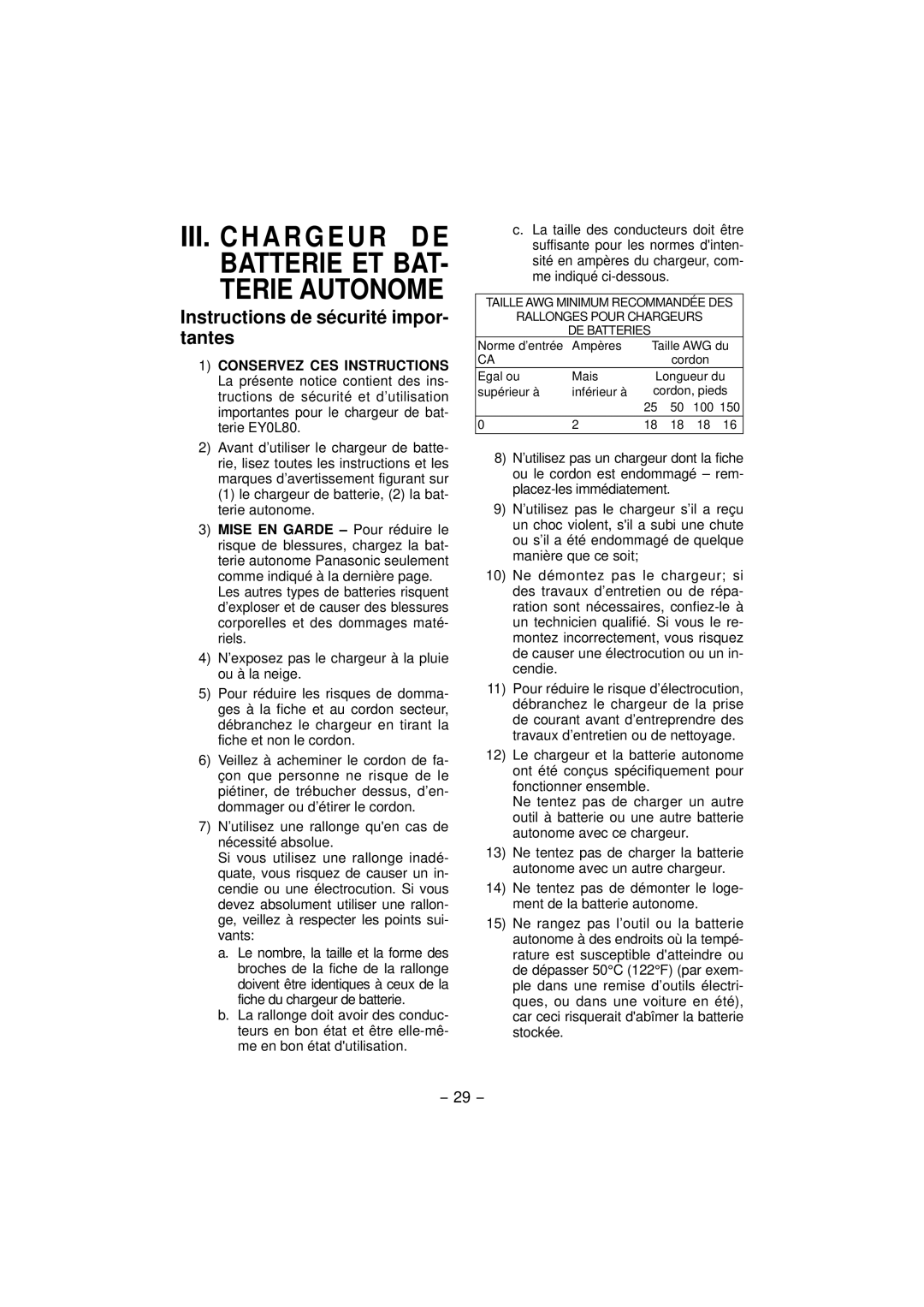 Panasonic EY4640 operating instructions Terie Autonome, Instructions de sécurité impor- tantes 