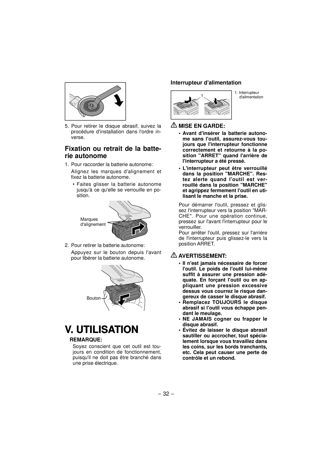 Panasonic EY4640 Utilisation, Fixation ou retrait de la batte- rie autonome, Interrupteur dalimentation 