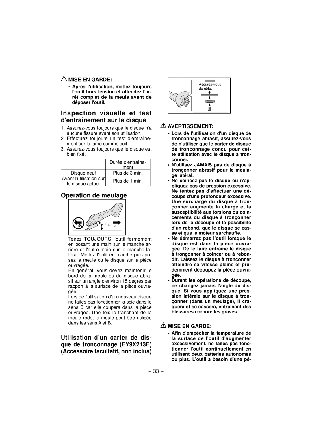 Panasonic EY4640 operating instructions Inspection visuelle et test dentraînement sur le disque, Operation de meulage 