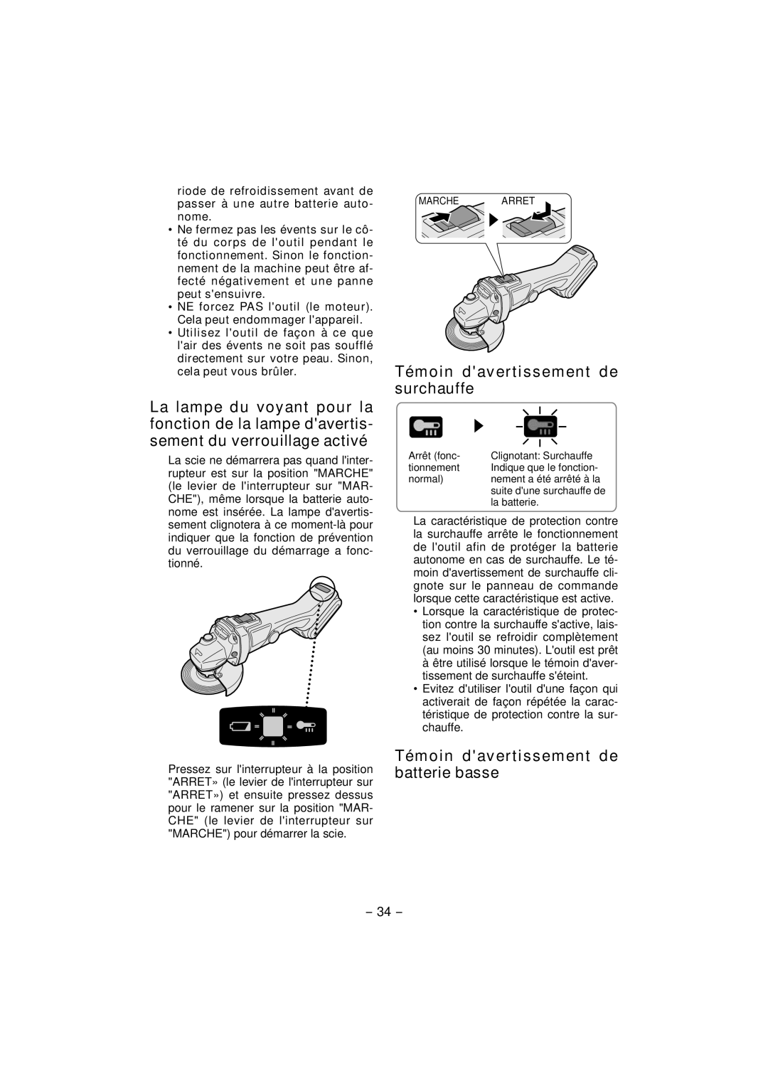 Panasonic EY4640 operating instructions Témoin davertissement de surchauffe, Témoin davertissement de batterie basse 