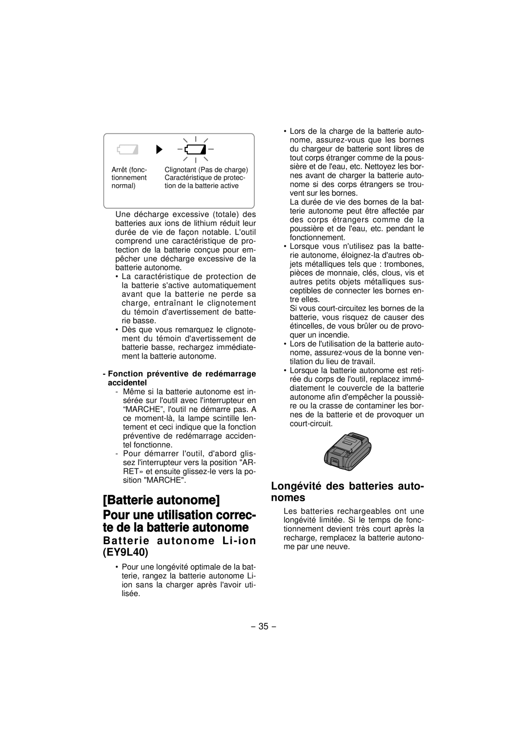 Panasonic EY4640 operating instructions Batterie autonome Li-ion EY9L40, Longévité des batteries auto- nomes 