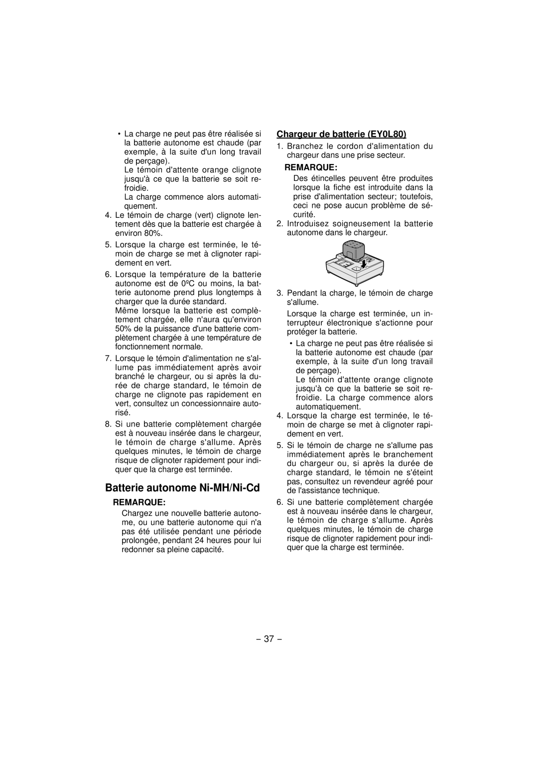 Panasonic EY4640 operating instructions Batterie autonome Ni-MH/Ni-Cd 