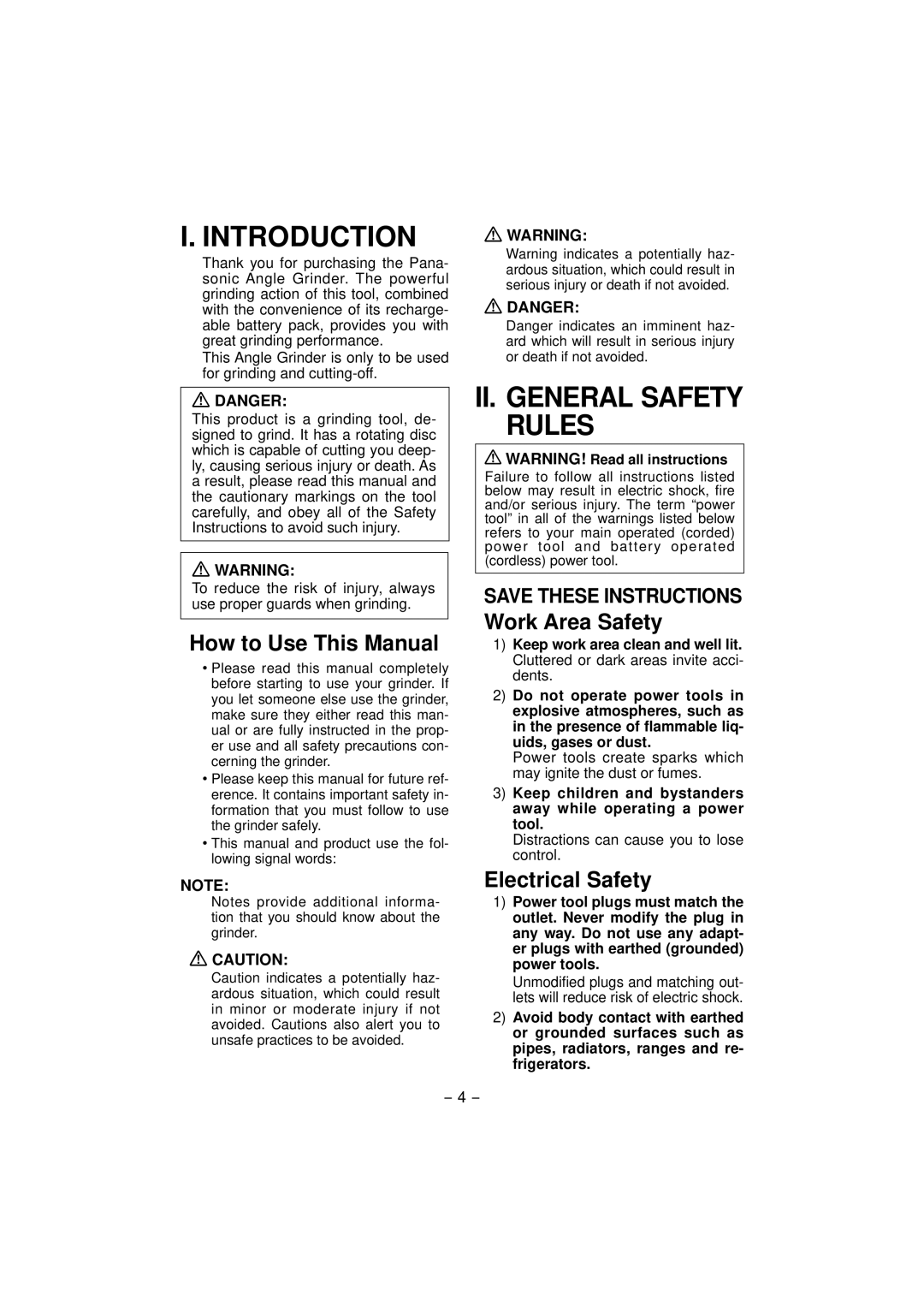 Panasonic EY4640 Introduction, II. General Safety Rules, How to Use This Manual, Work Area Safety, Electrical Safety 