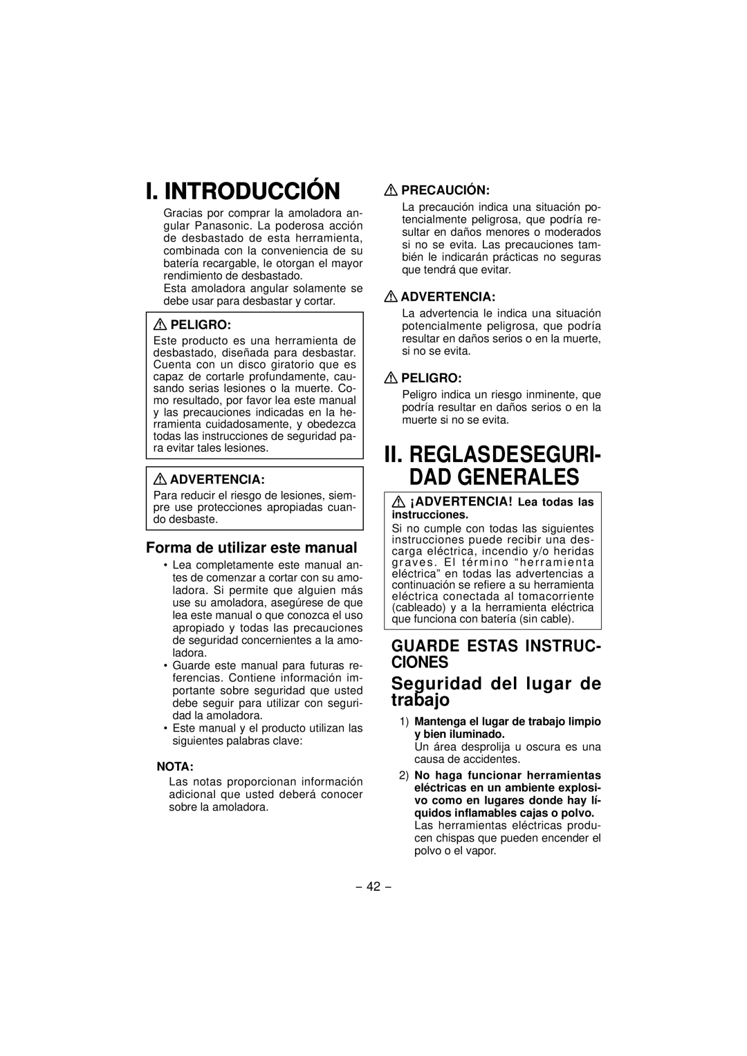 Panasonic EY4640 Introducción, Seguridad del lugar de trabajo, Forma de utilizar este manual, ¡ADVERTENCIA! Lea todas las 