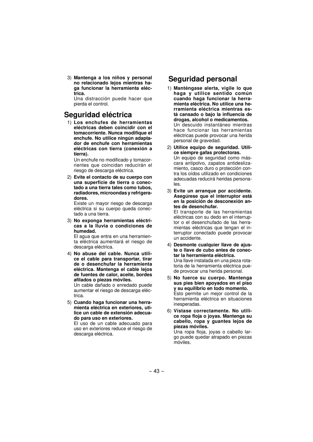 Panasonic EY4640 operating instructions Seguridad eléctrica, Seguridad personal 