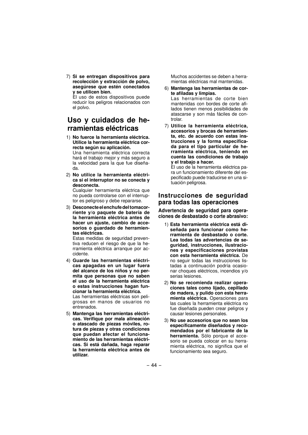 Panasonic EY4640 Uso y cuidados de he- rramientas eléctricas, Instrucciones de seguridad para todas las operaciones 