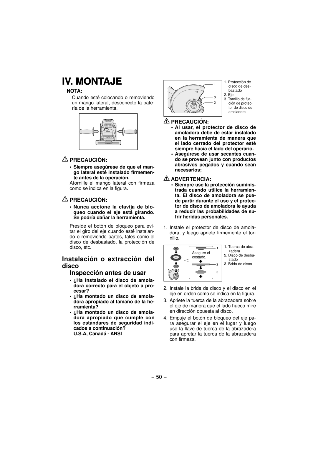 Panasonic EY4640 operating instructions IV. Montaje, Instalación o extracción del disco Inspección antes de usar 