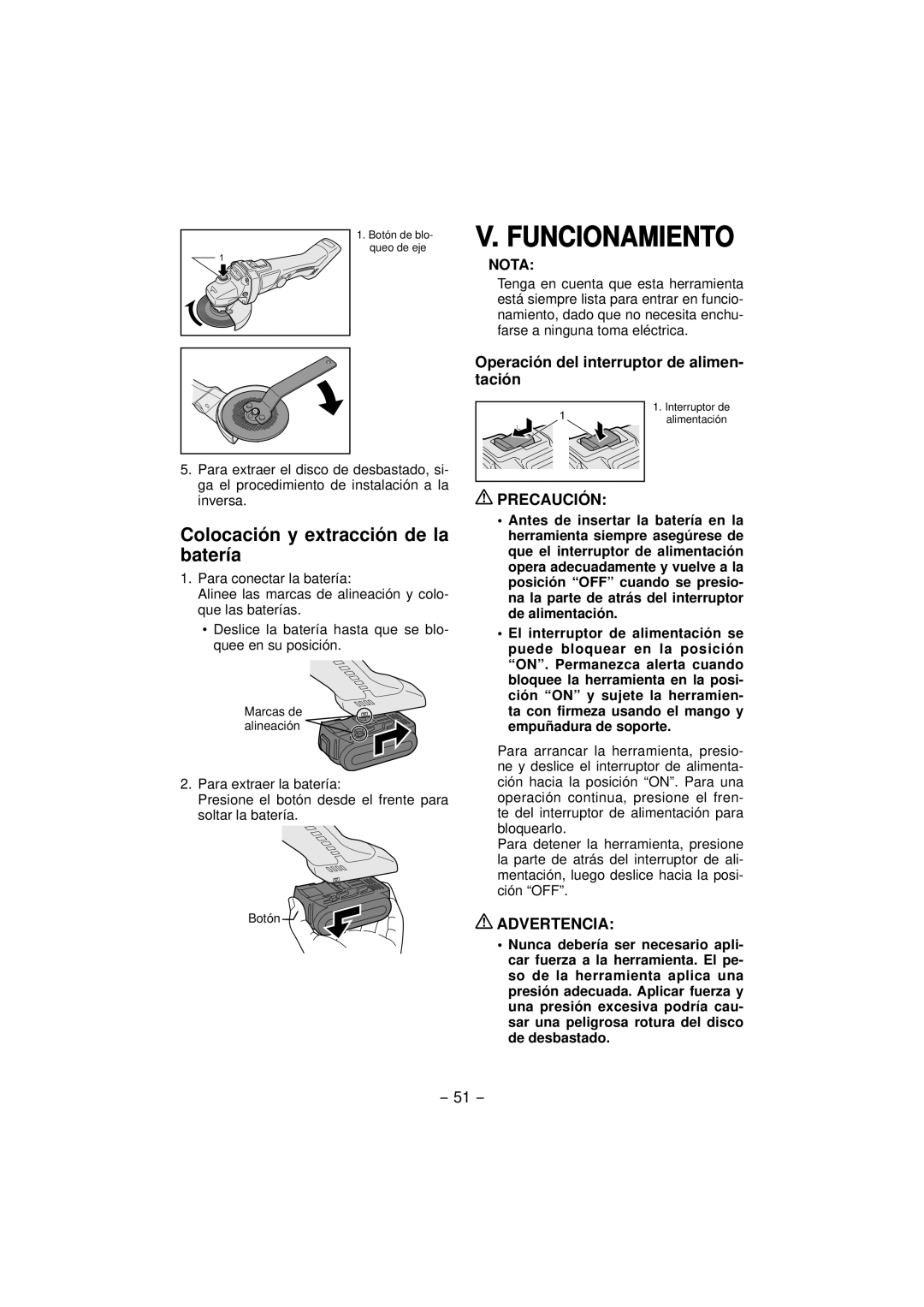 Panasonic EY4640 Funcionamiento, Colocación y extracción de la batería, Operación del interruptor de alimen- tación 