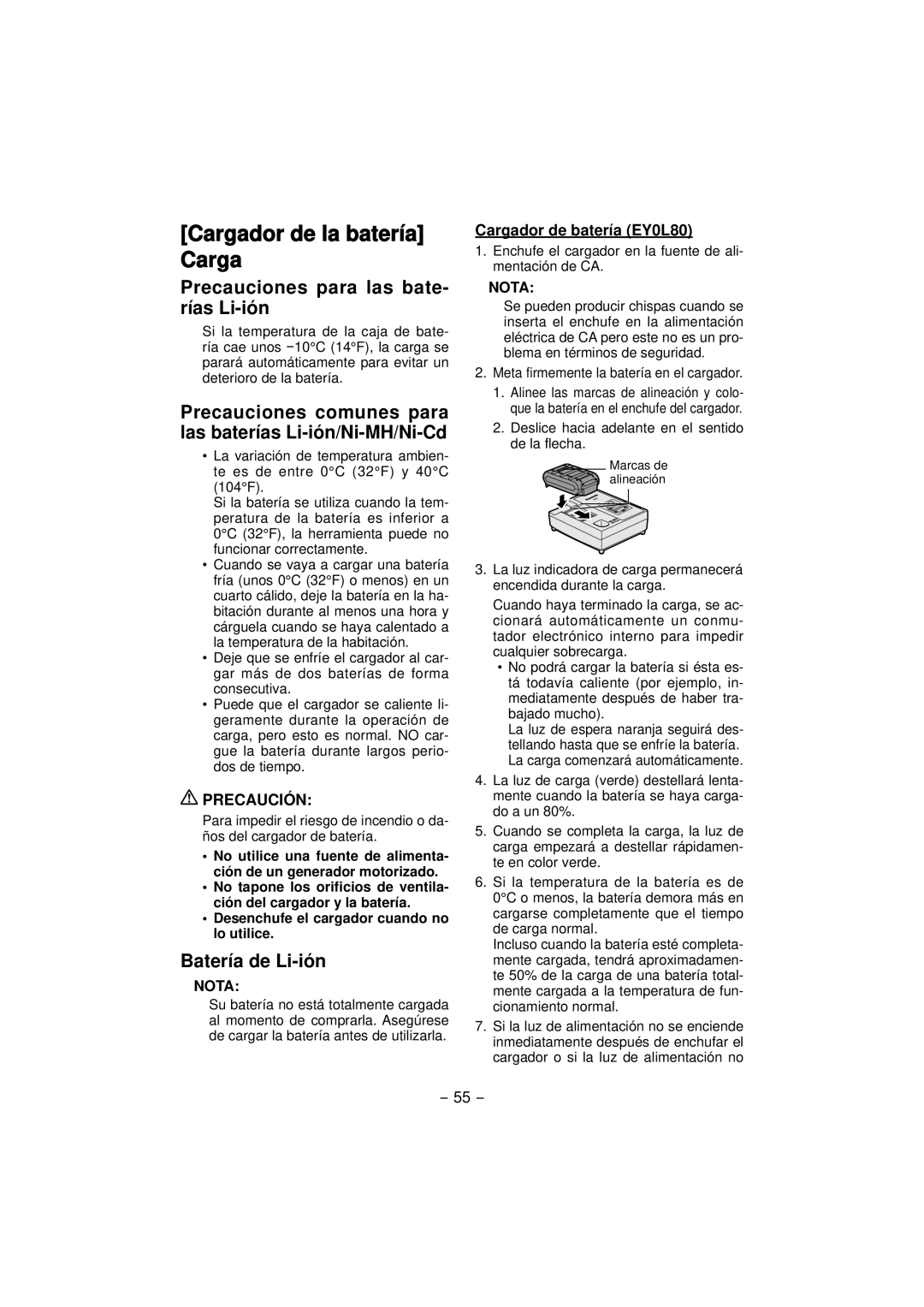 Panasonic EY4640 Cargador de la batería Carga, Precauciones para las bate- rías Li-ión, Batería de Li-ión 