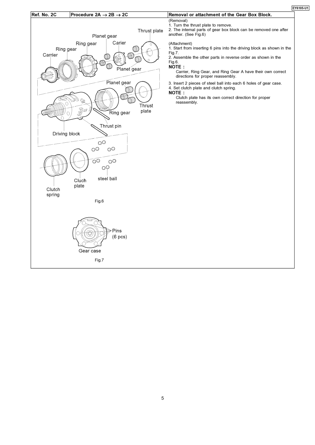 Panasonic EY6105-UI specifications Turn the thrust plate to remove 