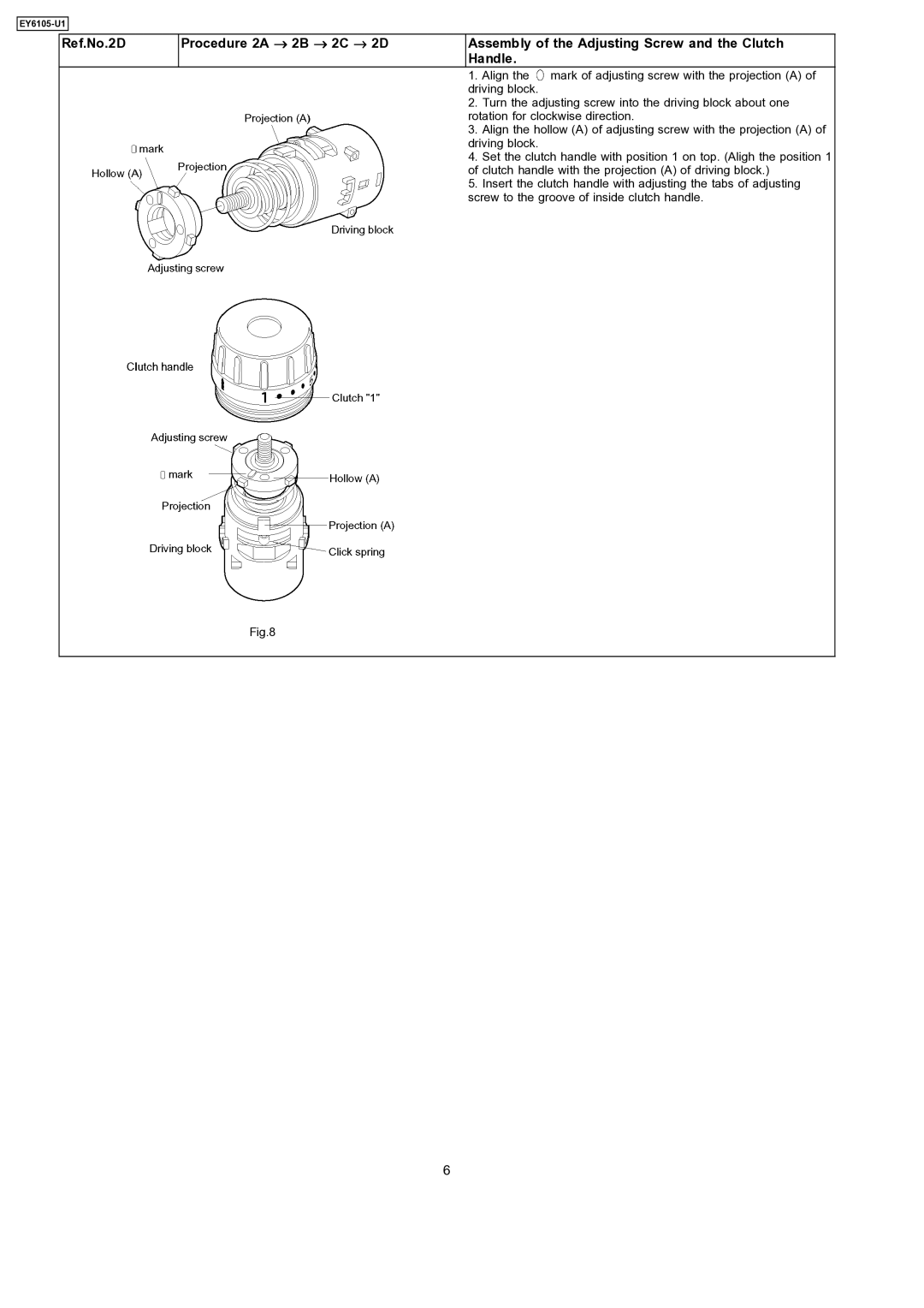 Panasonic EY6105-UI specifications Clutch handle with the projection a of driving block 