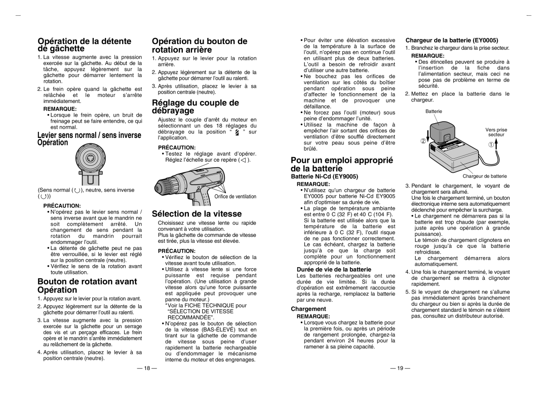 Panasonic EY6105 Opération de la détente de gâchette, Bouton de rotation avant Opération, Réglage du couple de débrayage 