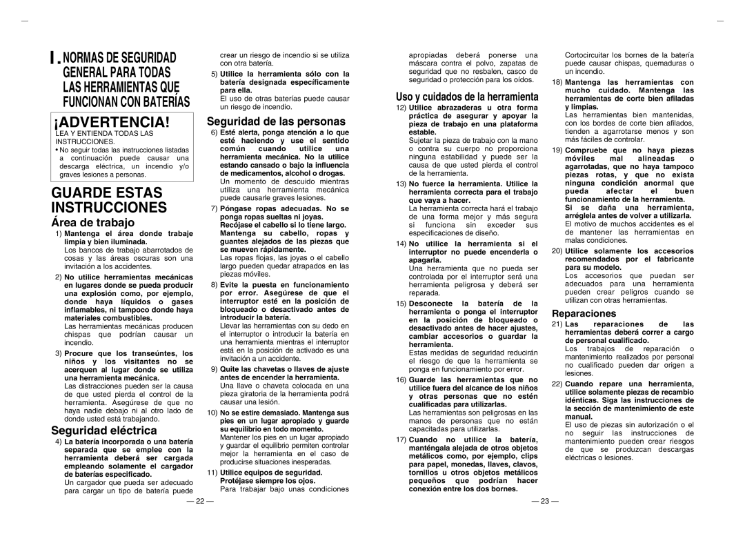 Panasonic EY6105 operating instructions ¡Advertencia, Área de trabajo, Seguridad eléctrica, Reparaciones 