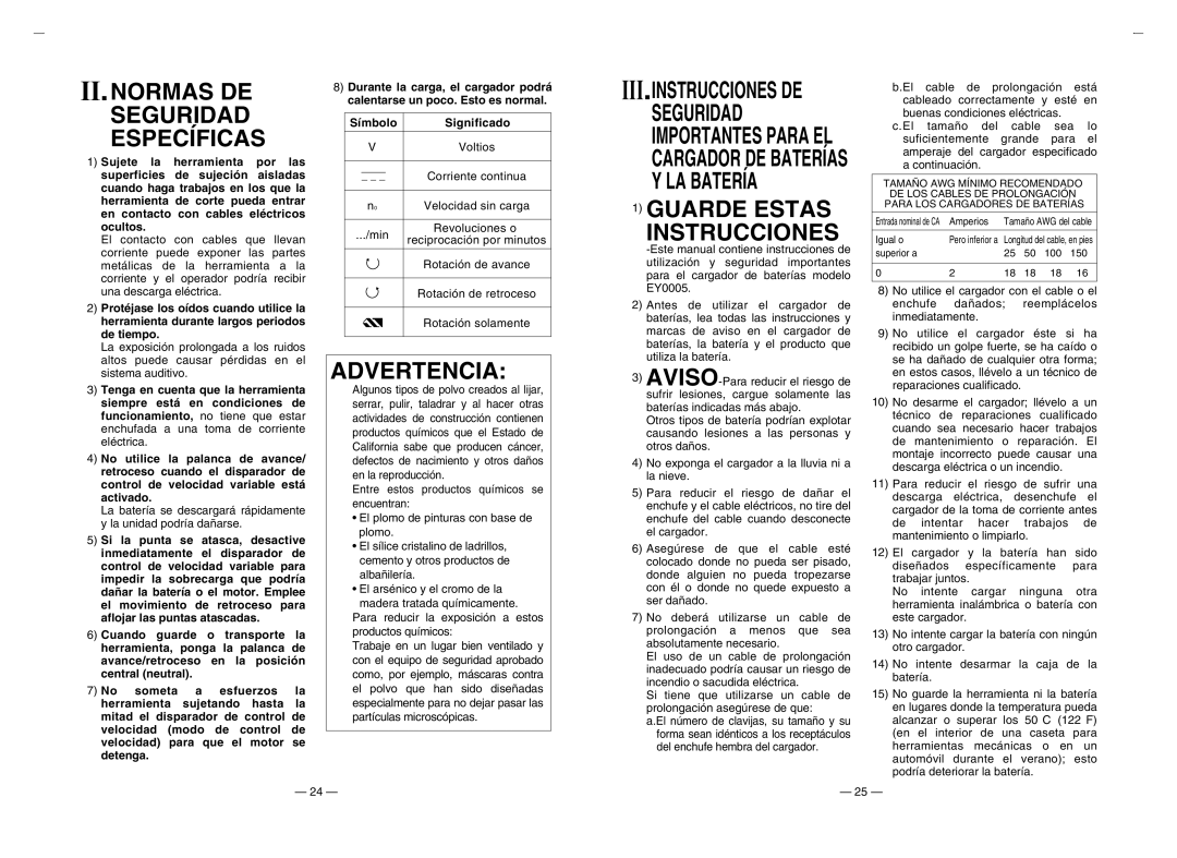 Panasonic EY6105 operating instructions II.NORMAS DE Seguridad Específicas, Advertencia, Guarde Estas Instrucciones 