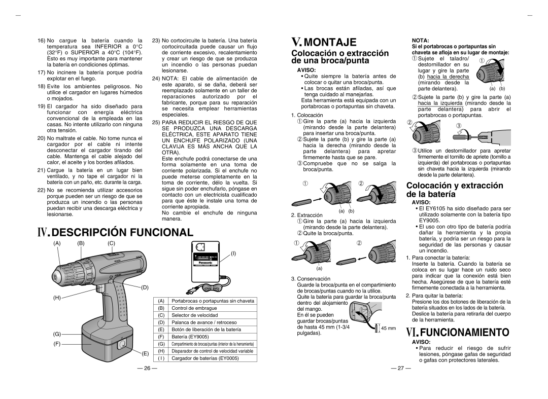 Panasonic EY6105 operating instructions Montaje, IV.DESCRIPCIÓN Funcional, Colocación y extracción, De la batería 