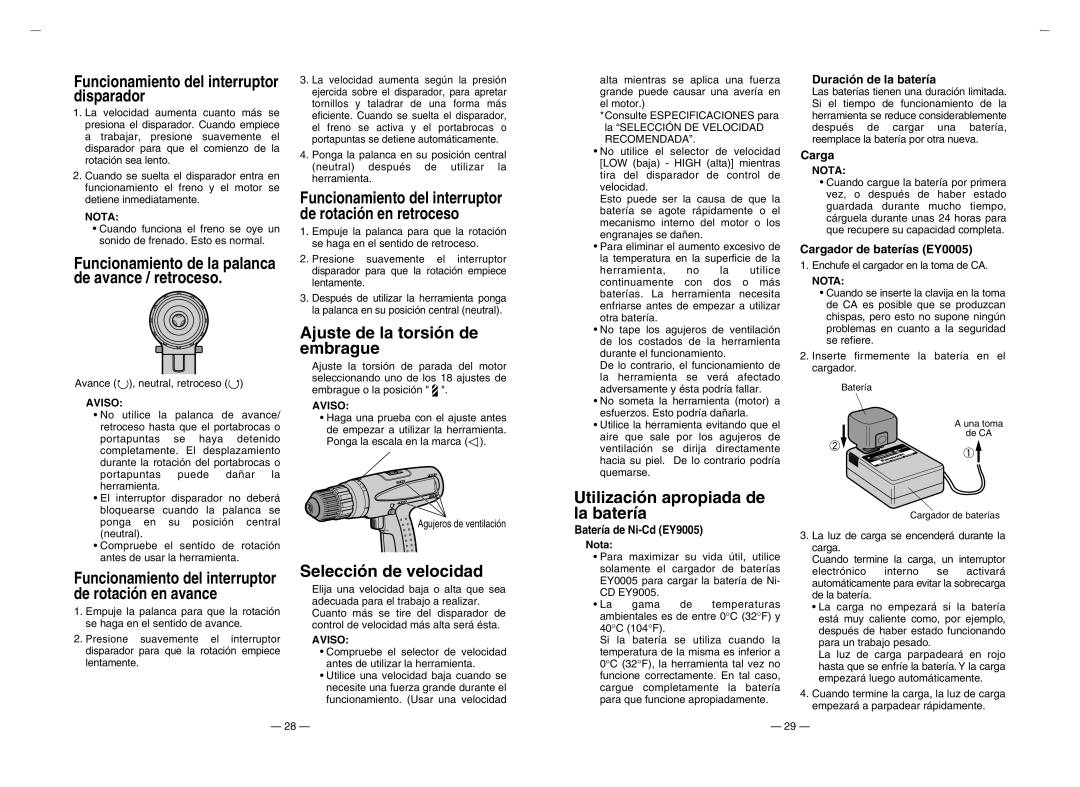 Panasonic EY6105 Ajuste de la torsión de embrague, Selección de velocidad, Utilización apropiada de la batería 