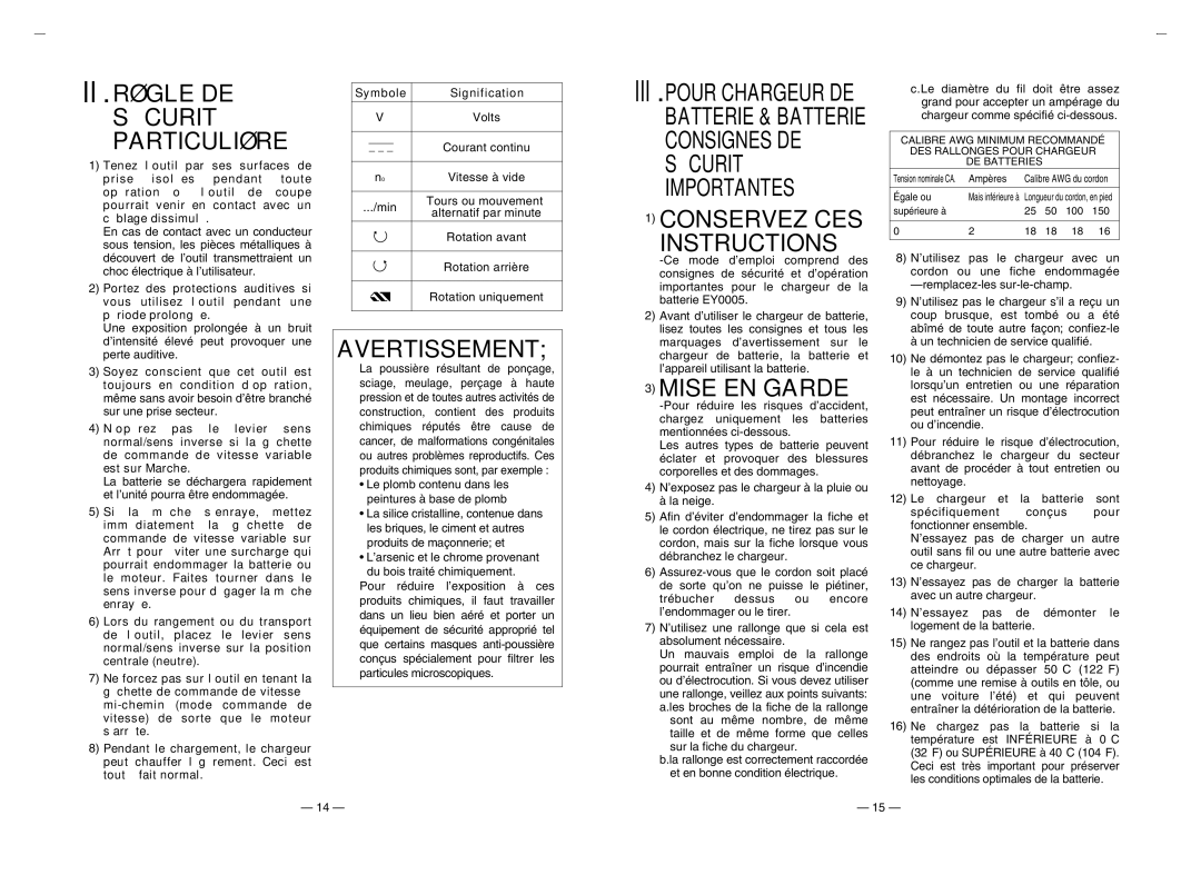 Panasonic EY6105 operating instructions II.RÈGLE DE Sécurité Particulière, Mise EN Garde, Courant continu, Vitesse à vide 