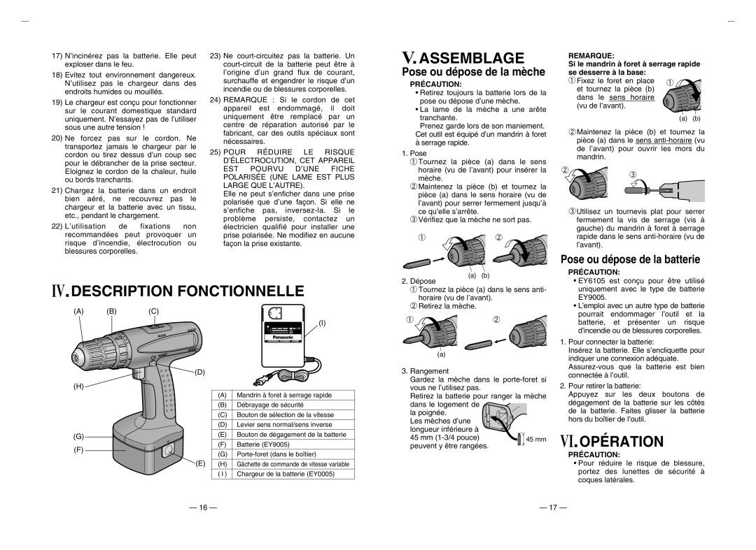 Panasonic EY6105 Assemblage, IV.DESCRIPTION Fonctionnelle, Pose ou dépose de la batterie, Précaution, Remarque 