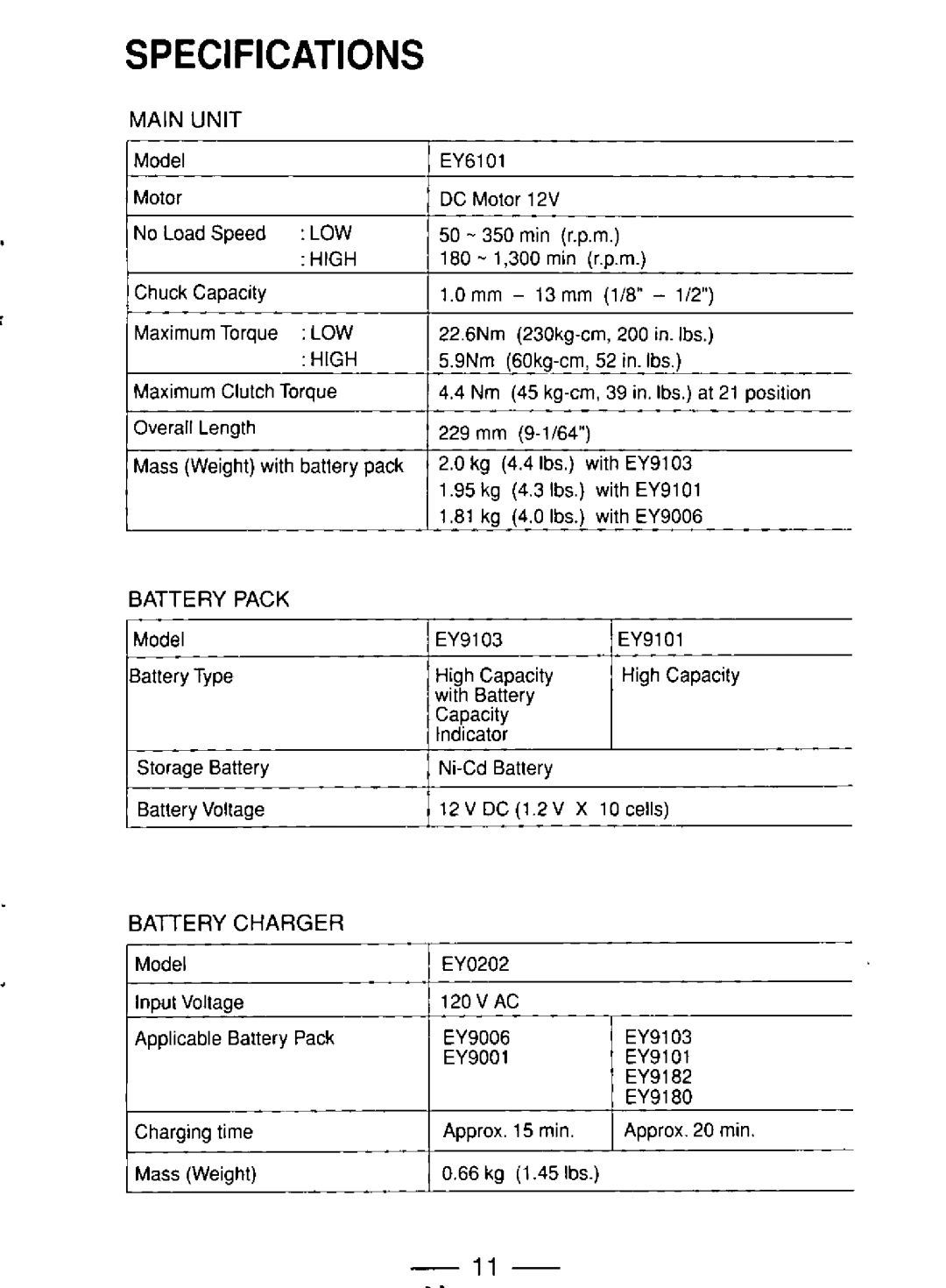 Panasonic EY6100, EY6181, EY6101 manual 