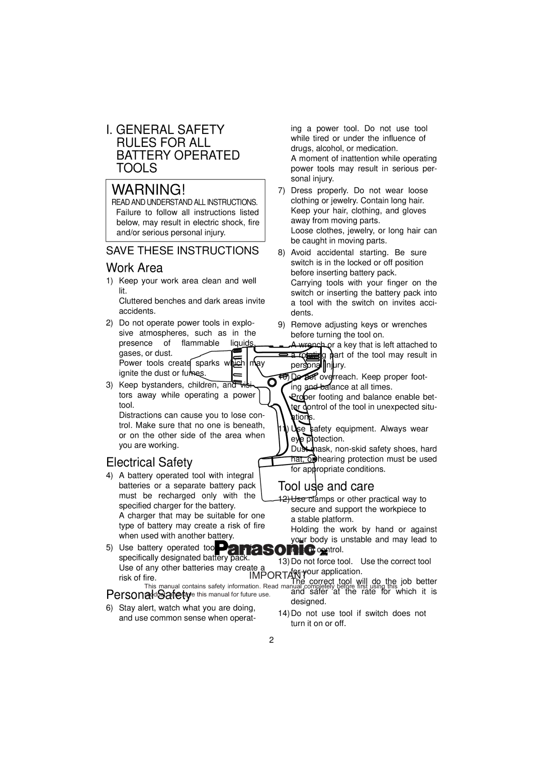 Panasonic EY6409, EY6405, EY6432 manual General Safety Rules for ALL Battery Operated Tools, Work Area 