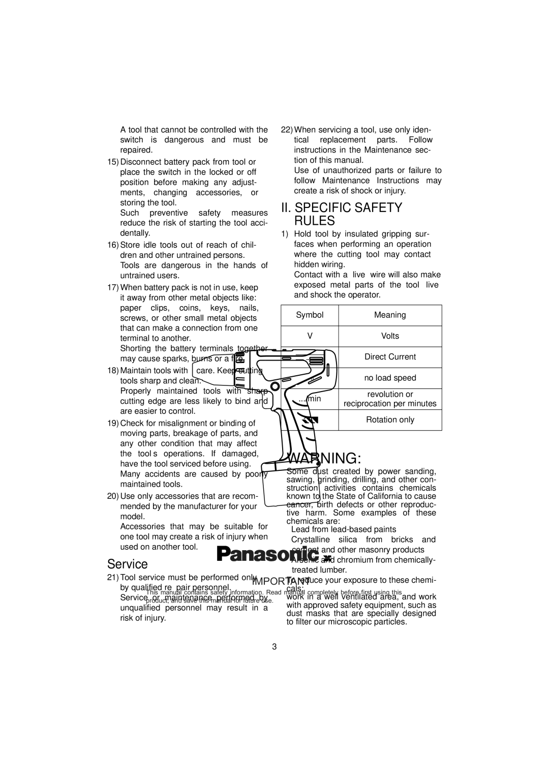 Panasonic EY6405, EY6432, EY6409 manual Service, II. Specific Safety Rules 